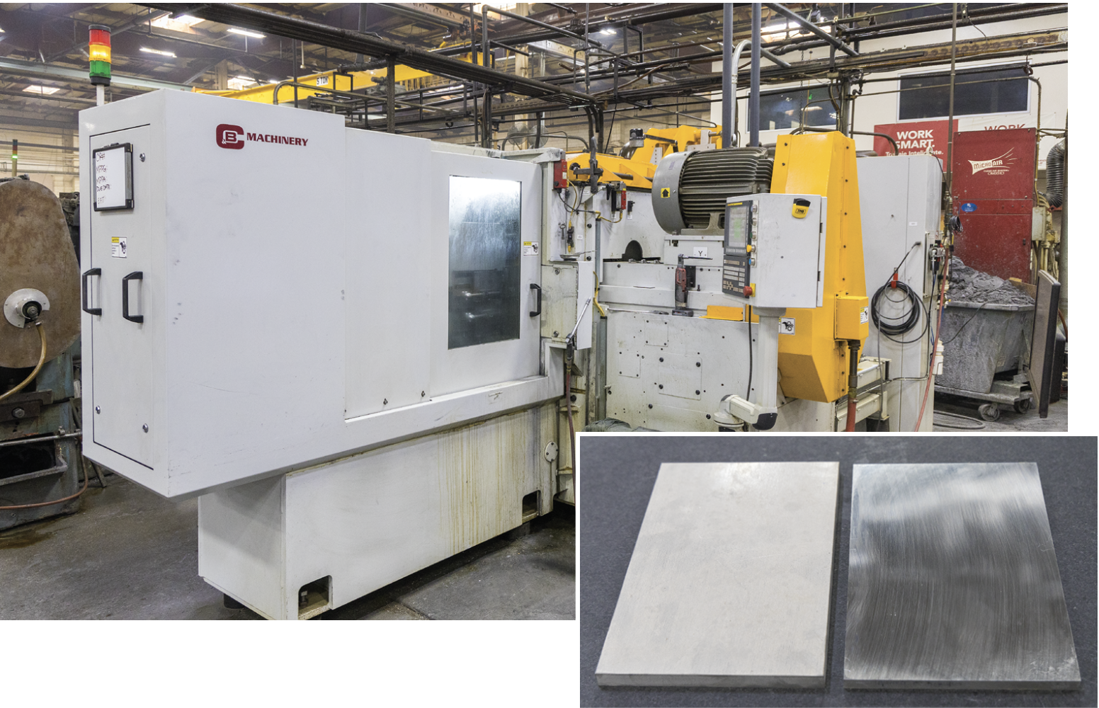 Top - Double disk grinding is typically the second operation after being cut via water jet or saw. TCI still has a quiver of older machines that do a great job, but they recently purchased a new CB Machinery Grinder. The CB has made setups five times faster.Right - before and after. Each part is ground for flatness.